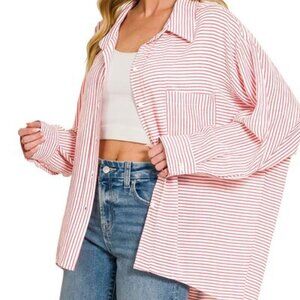 Zenana Woven Stripe Button Down Shirt